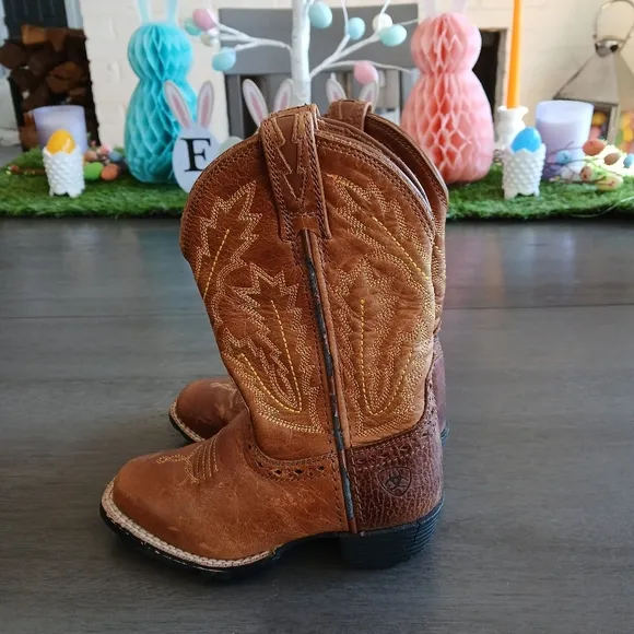 Big Boys Ariat Brown Leather Cowboy Boots with Embroidered Design