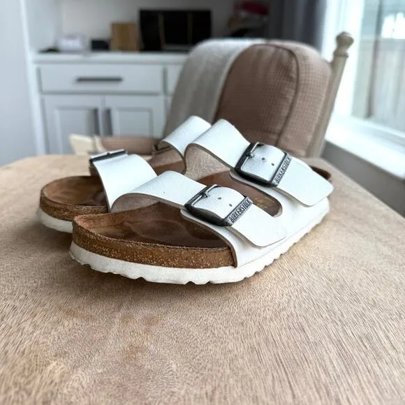 Birkenstock Arizona Sandals White Leather Double Strap Comfort Shoe 37 Women 6.5