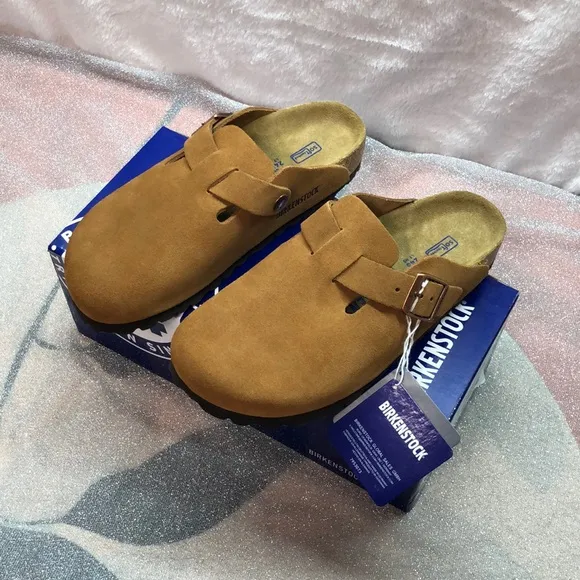Birkenstock Boston Mink Mules with Suede Finish - Narrow