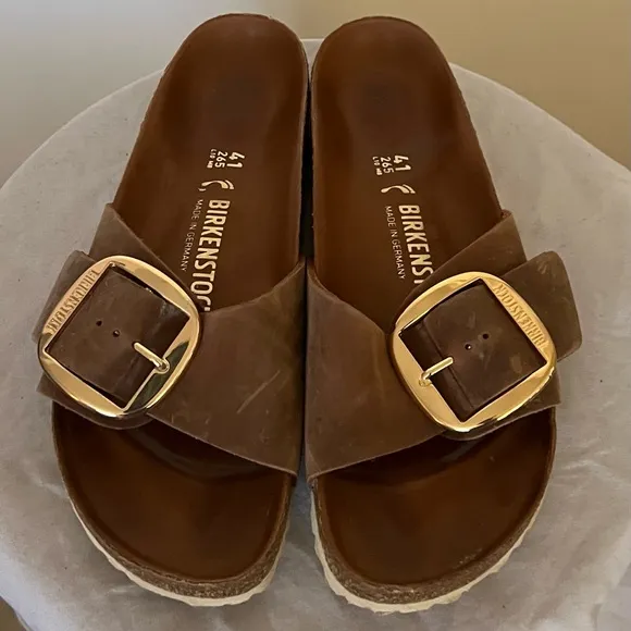 Birkenstock Madrid Big Buckle Brown Leather Sandals Slides Shoes US 10