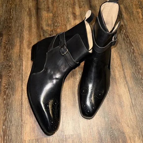 Black brogue strapped boots