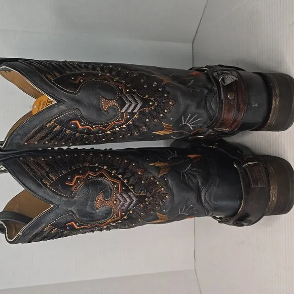 Black Eagle Leather Corral Cowboy Square Toe Motorcycle Boots