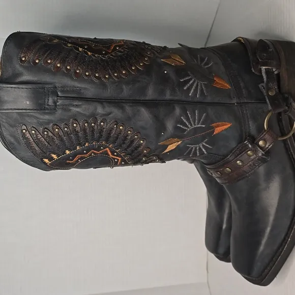 Black Eagle Leather Corral Cowboy Square Toe Motorcycle Boots