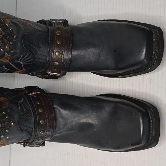 Black Eagle Leather Corral Cowboy Square Toe Motorcycle Boots