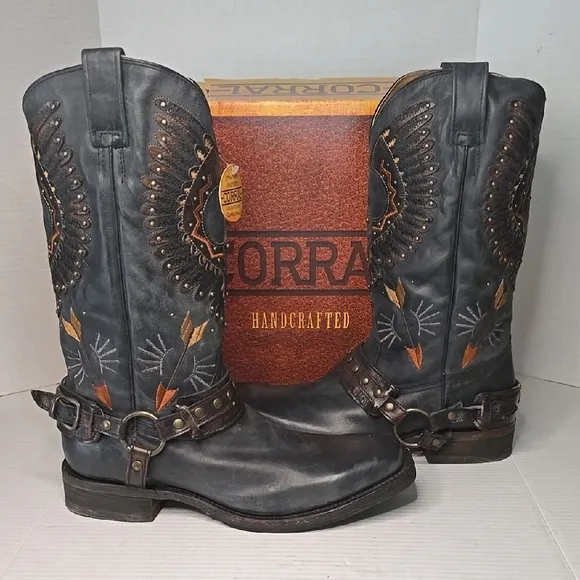Black Eagle Leather Corral Cowboy Square Toe Motorcycle Boots