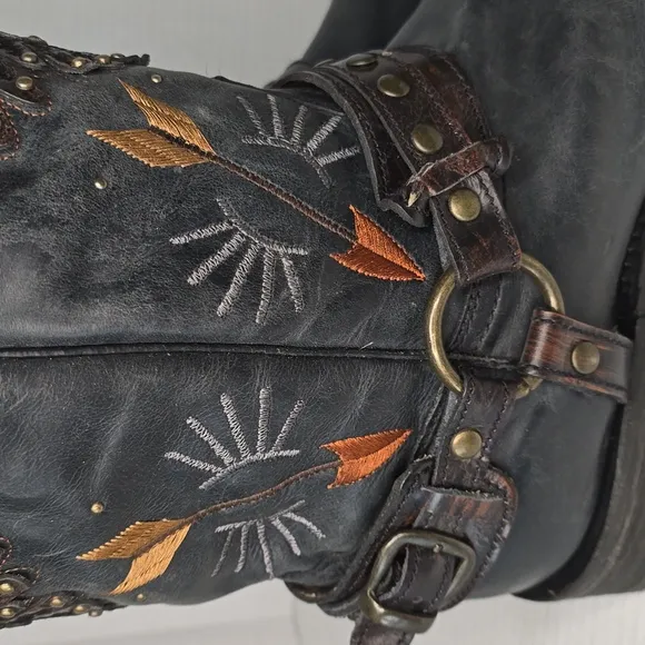 Black Eagle Leather Corral Cowboy Square Toe Motorcycle Boots