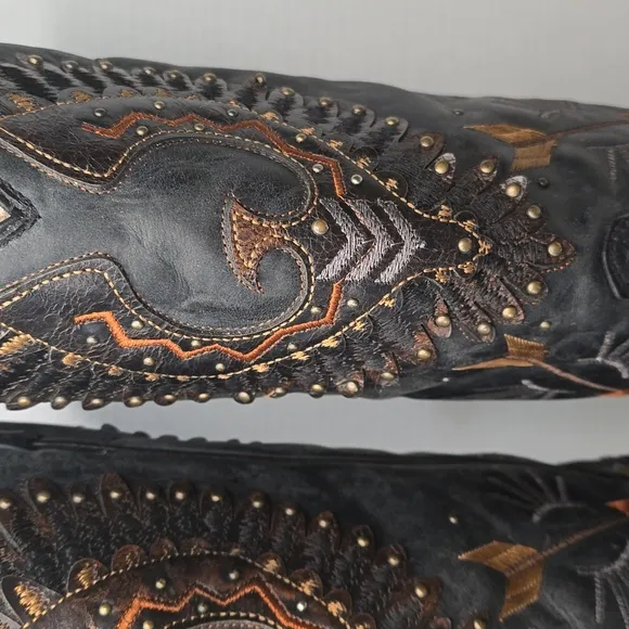 Black Eagle Leather Corral Cowboy Square Toe Motorcycle Boots