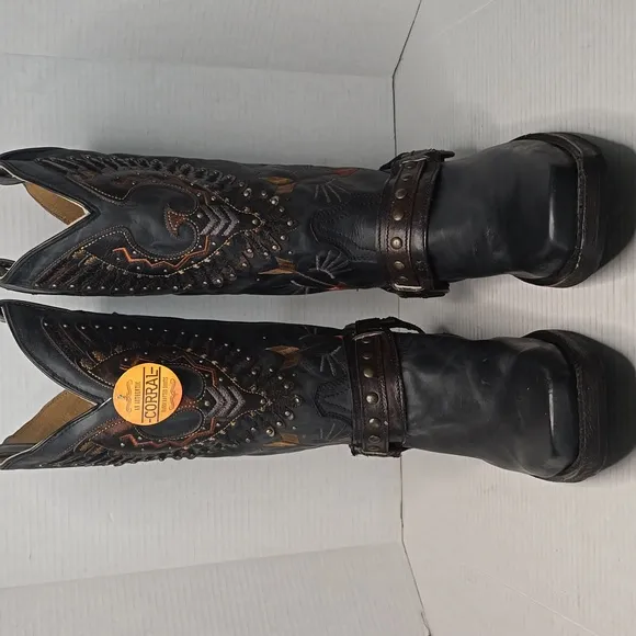 Black Eagle Leather Corral Cowboy Square Toe Motorcycle Boots