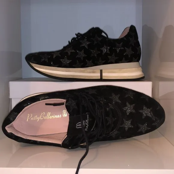 Black suede with silver stars platform sneakers