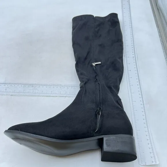 Black Women Almond Toe Knee High Boots with Partial Zipper Stretchy Long Boot