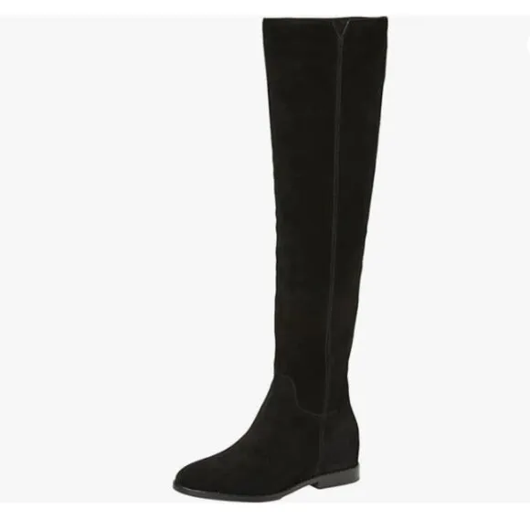 Black Women Almond Toe Knee High Boots with Partial Zipper Stretchy Long Boot
