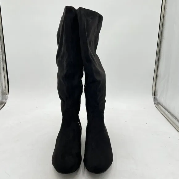Black Women Pointed Toe Over The Knee Boots Rhinestone Low Heel Thigh High Boots