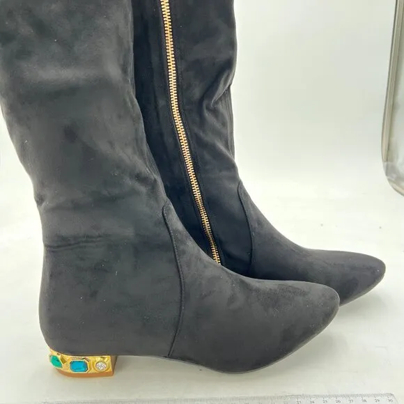 Black Women Pointed Toe Over The Knee Boots Rhinestone Low Heel Thigh High Boots