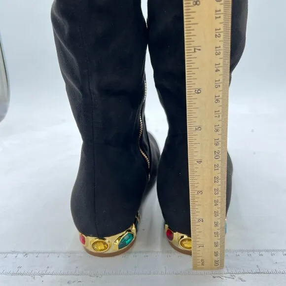 Black Women Pointed Toe Over The Knee Boots Rhinestone Low Heel Thigh High Boots
