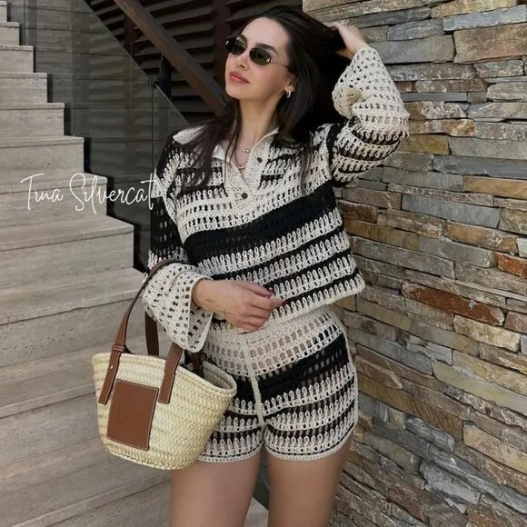 BLOGGER'S FAVE! Zara 2 Piece Crochet Shorts And Shirt Set NWT