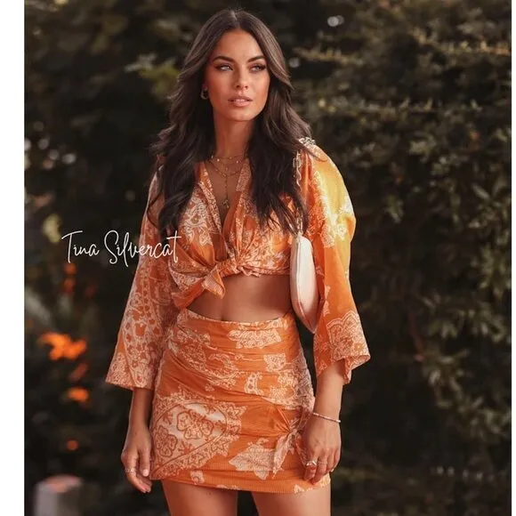 BLOGGER'S FAVE! Zara 2 Piece Printed Mini Skirt And Top Set Burnt Orange NWT