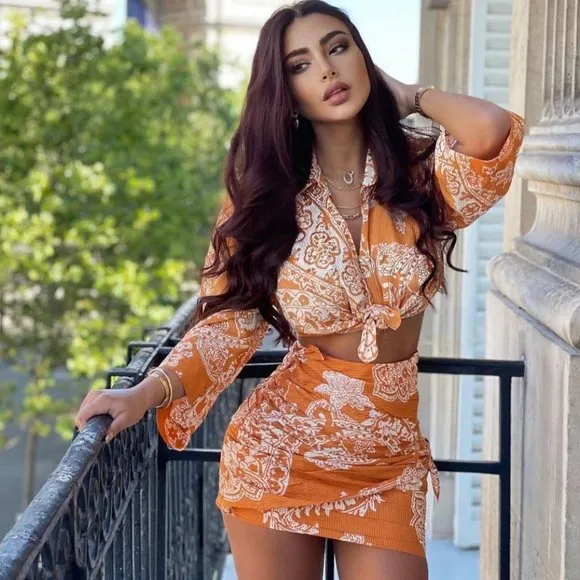 BLOGGER'S FAVE! Zara 2 Piece Printed Mini Skirt And Top Set Burnt Orange NWT