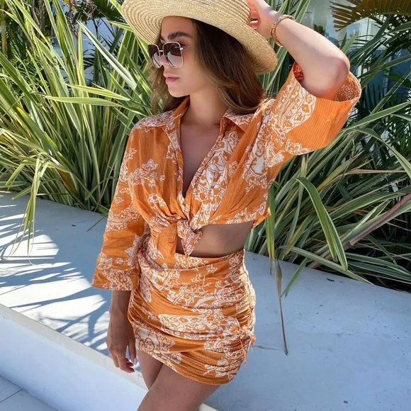 BLOGGER'S FAVE! Zara 2 Piece Printed Mini Skirt And Top Set Burnt Orange NWT