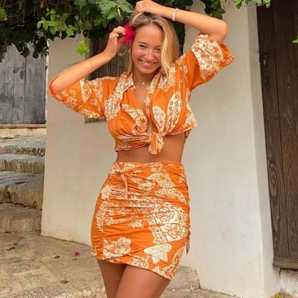 BLOGGER'S FAVE! Zara 2 Piece Printed Mini Skirt And Top Set Burnt Orange NWT