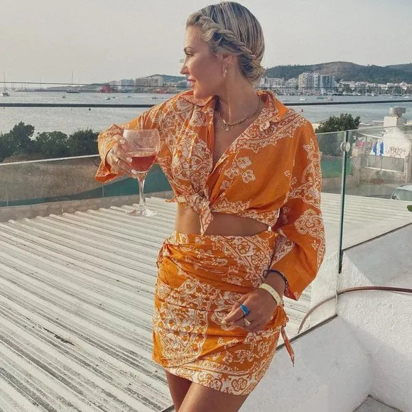BLOGGER'S FAVE! Zara 2 Piece Printed Mini Skirt And Top Set Burnt Orange NWT