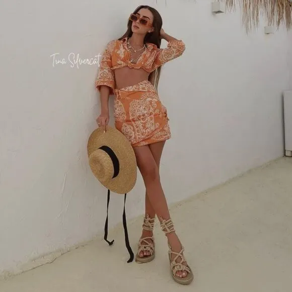 BLOGGER'S FAVE! Zara 2 Piece Printed Mini Skirt And Top Set Burnt Orange NWT