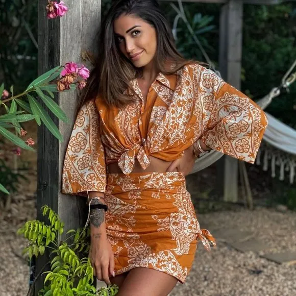 BLOGGER'S FAVE! Zara 2 Piece Printed Mini Skirt And Top Set Burnt Orange NWT