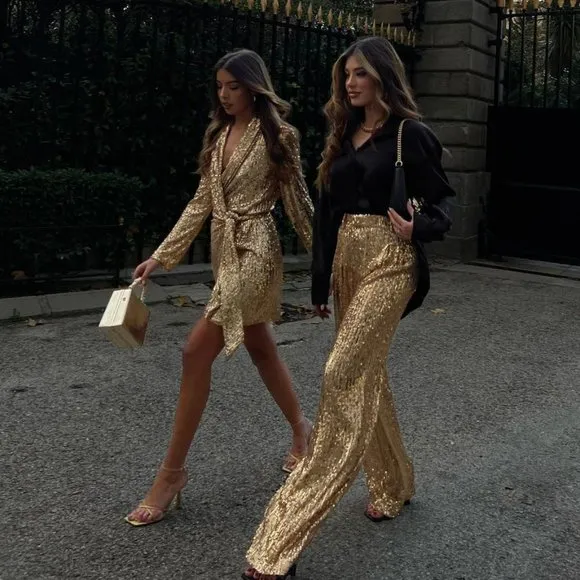 BLOGGER'S FAVE! Zara Gold Sequin Wrap Dress Sz XS NWT