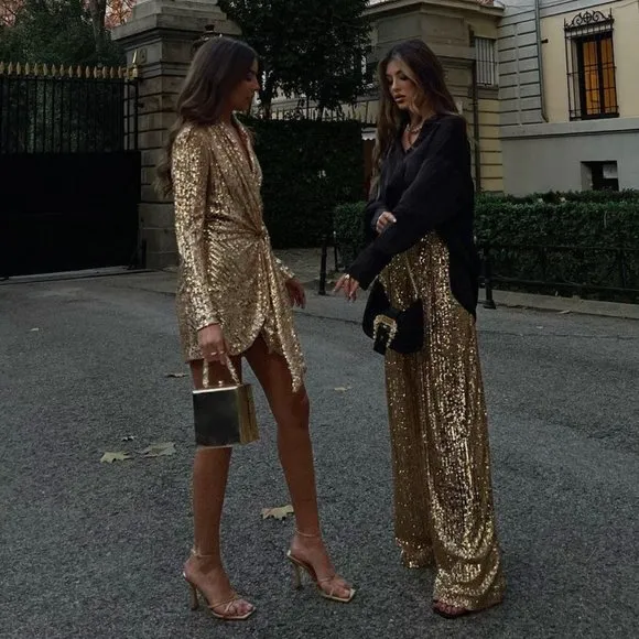 BLOGGER'S FAVE! Zara Gold Sequin Wrap Dress Sz XS NWT