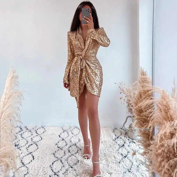 BLOGGER'S FAVE! Zara Gold Sequin Wrap Dress Sz XS NWT
