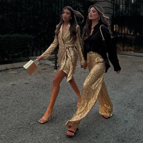 BLOGGER'S FAVE! Zara Gold Sequin Wrap Dress Sz XS NWT