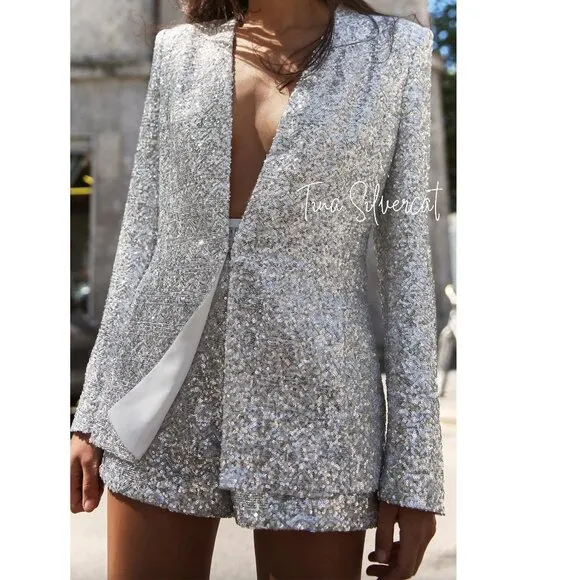 BLOGGER'S FAVE! Zara Sequin High Waisted Shorts Silver NWT