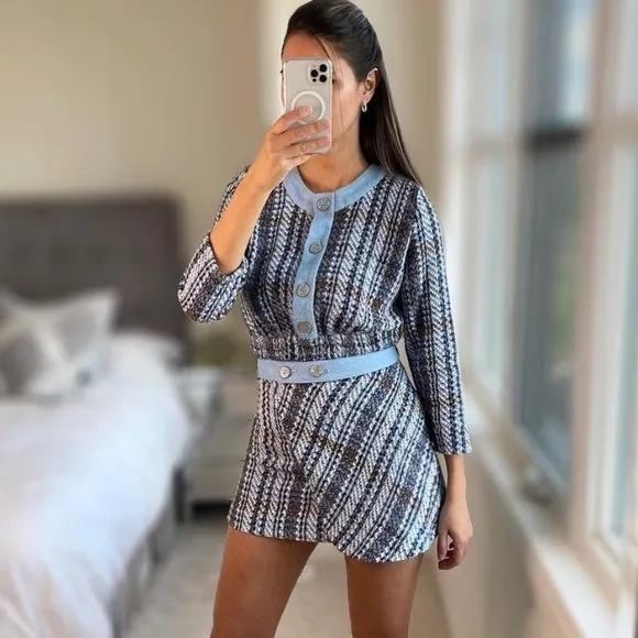 BLOGGER'S FAVE! Zara Textured Weave Mini Skirt Blue Sz M NWT