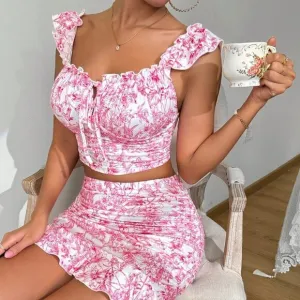 Boho Women's Ruffle Trim Ruffled 2-Piece Set Pink