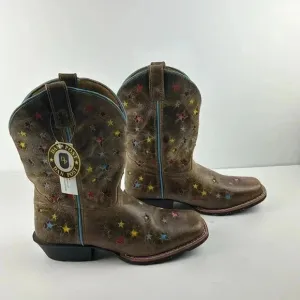 BOOTS Dan Post Youth 6D square toe brown multi colored stars with Blue Trim NWT