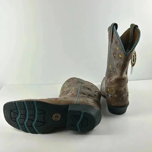 BOOTS Dan Post Youth 6D square toe brown multi colored stars with Blue Trim NWT