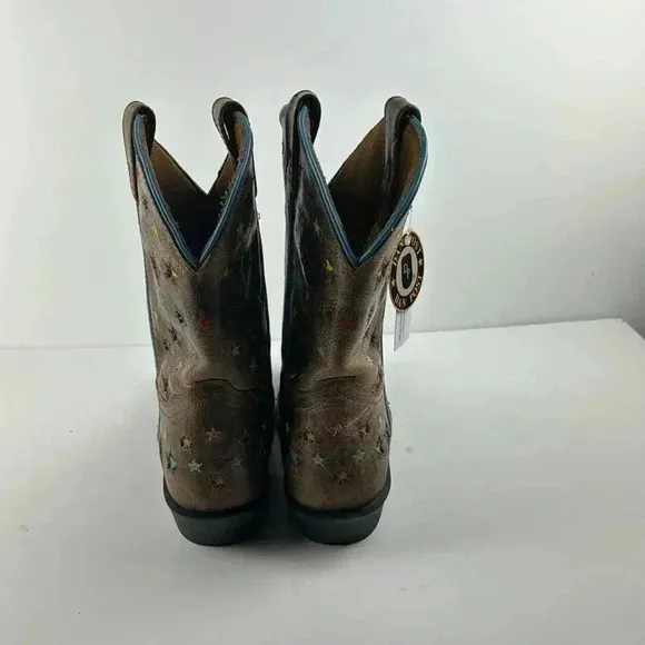 BOOTS Dan Post Youth 6D square toe brown multi colored stars with Blue Trim NWT