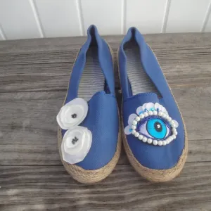 Boutique Style Blue Fabric-espadrille soles with applique top shoes Size 7 NEW