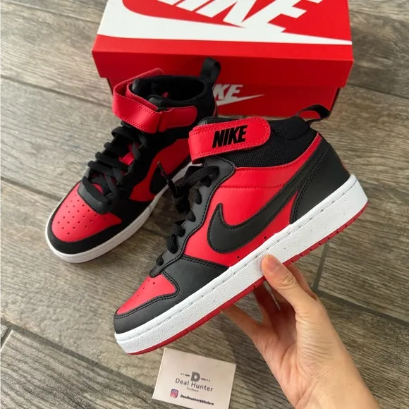Brand New Nike Court Borough Mid 2 “Black University Red” Big Kids Shoes