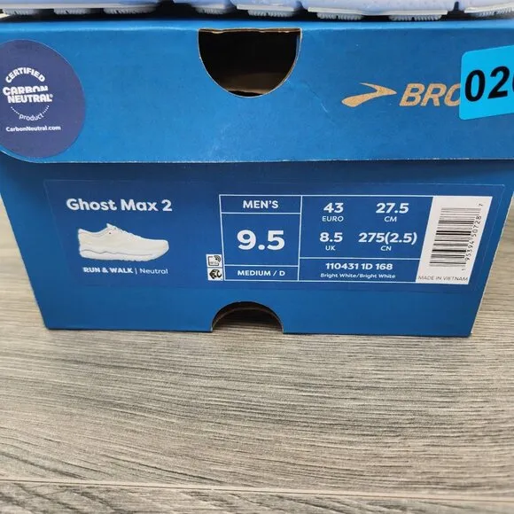 Brooks Ghost Max 2 Size 9.5 Mens Bright White Casual Walking Running Shoes