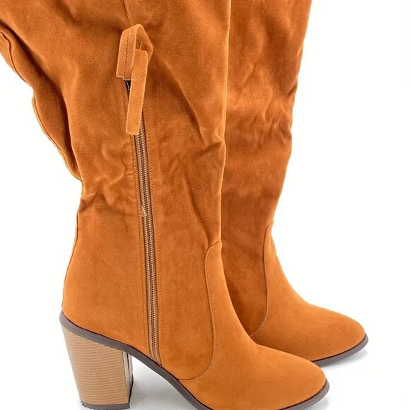 Brown Women's Round Toe Knee High Boots for Women Zipper Saddle Wide Calf Shoes
