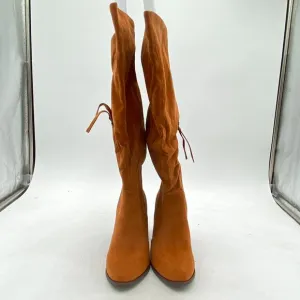 Brown Women's Round Toe Knee High Boots for Women Zipper Saddle Wide Calf Shoes