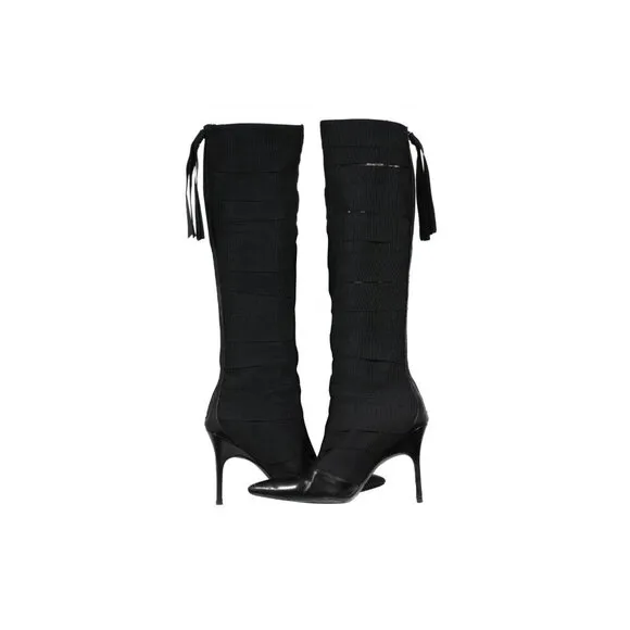 Bruno Frisoni Womens Knee High Boots US 8 EU 38 Black Fabric Leather Pointed Toe