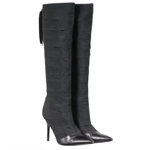 Bruno Frisoni Womens Knee High Boots US 8 EU 38 Black Fabric Leather Pointed Toe