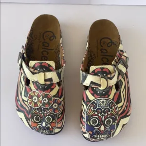 Calceo shoes  women size 38 stripper pattern and pink flowers dry skull NWT