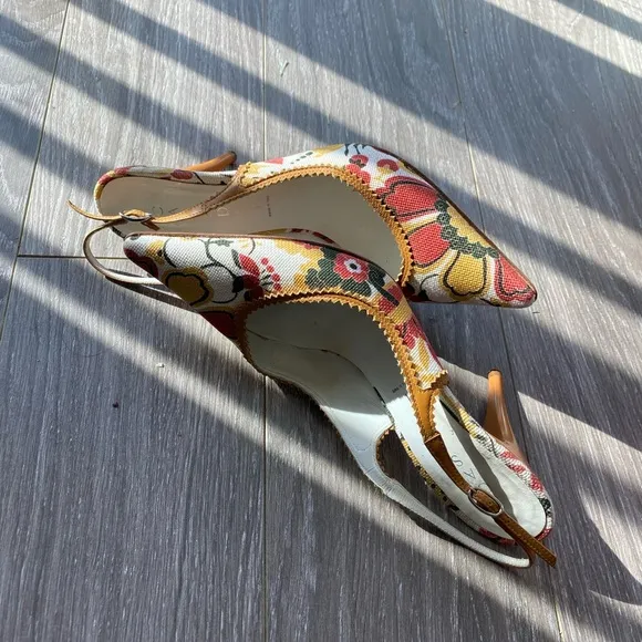 CASADEI Floral Print Leather Designer Slingback heels, 7.5