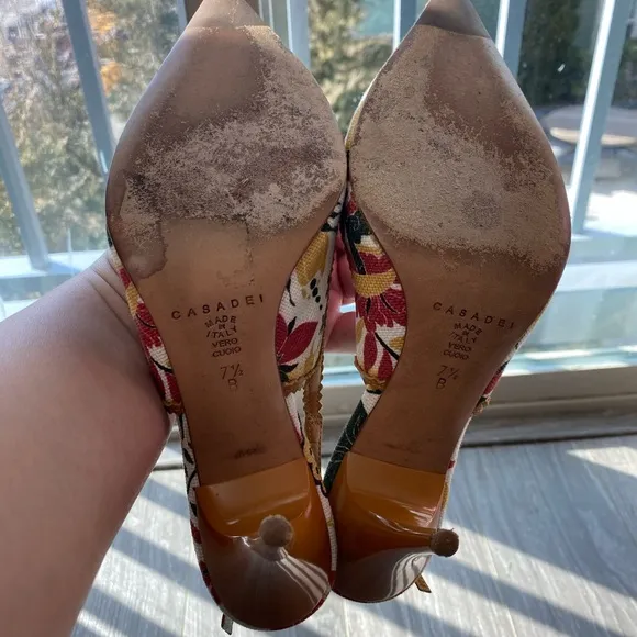 CASADEI Floral Print Leather Designer Slingback heels, 7.5