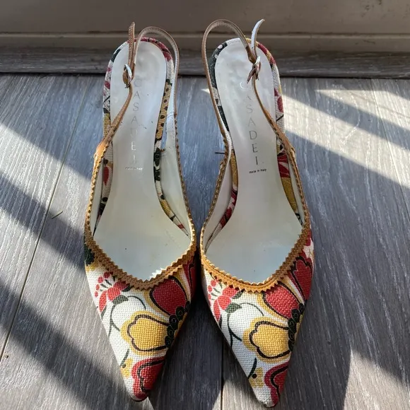 CASADEI Floral Print Leather Designer Slingback heels, 7.5
