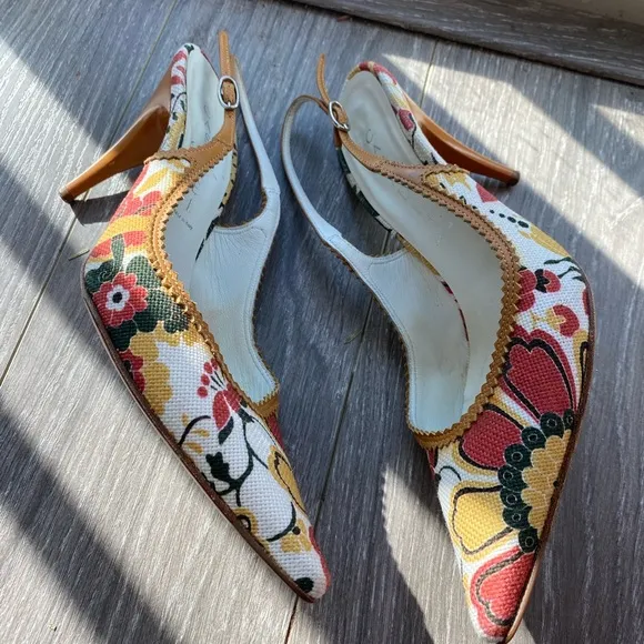 CASADEI Floral Print Leather Designer Slingback heels, 7.5