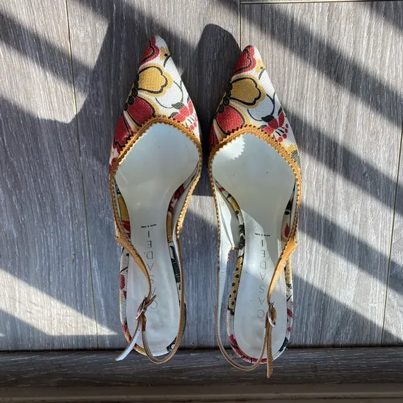 CASADEI Floral Print Leather Designer Slingback heels, 7.5