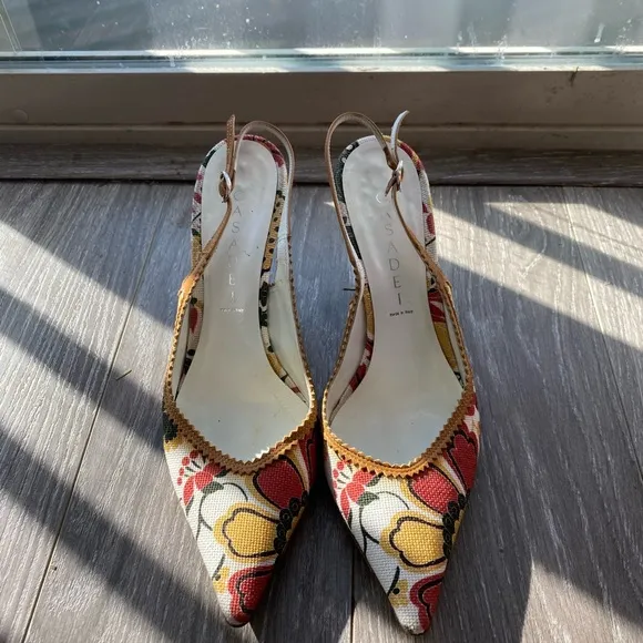 CASADEI Floral Print Leather Designer Slingback heels, 7.5
